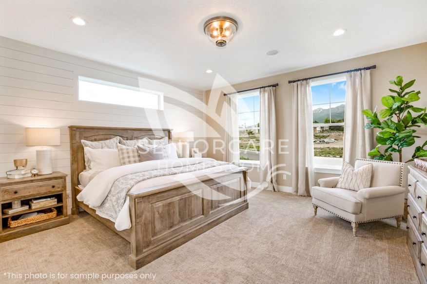 A Bright and Warm Senior Living Private Bedroom with large windows